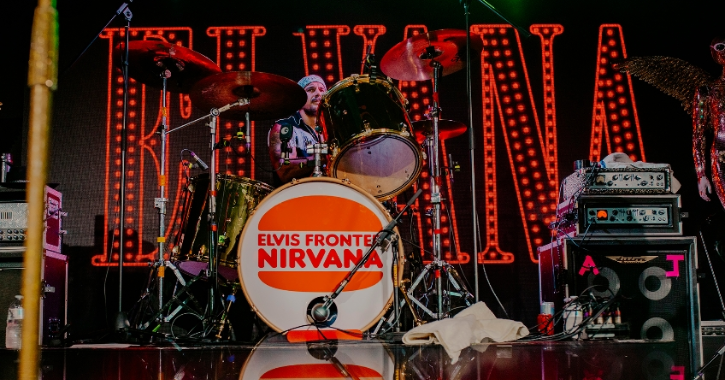 Man on drums part of the band - ELVANA, a crossover tribute band who perform Nirvana’s music in the style of Elvis Presley.